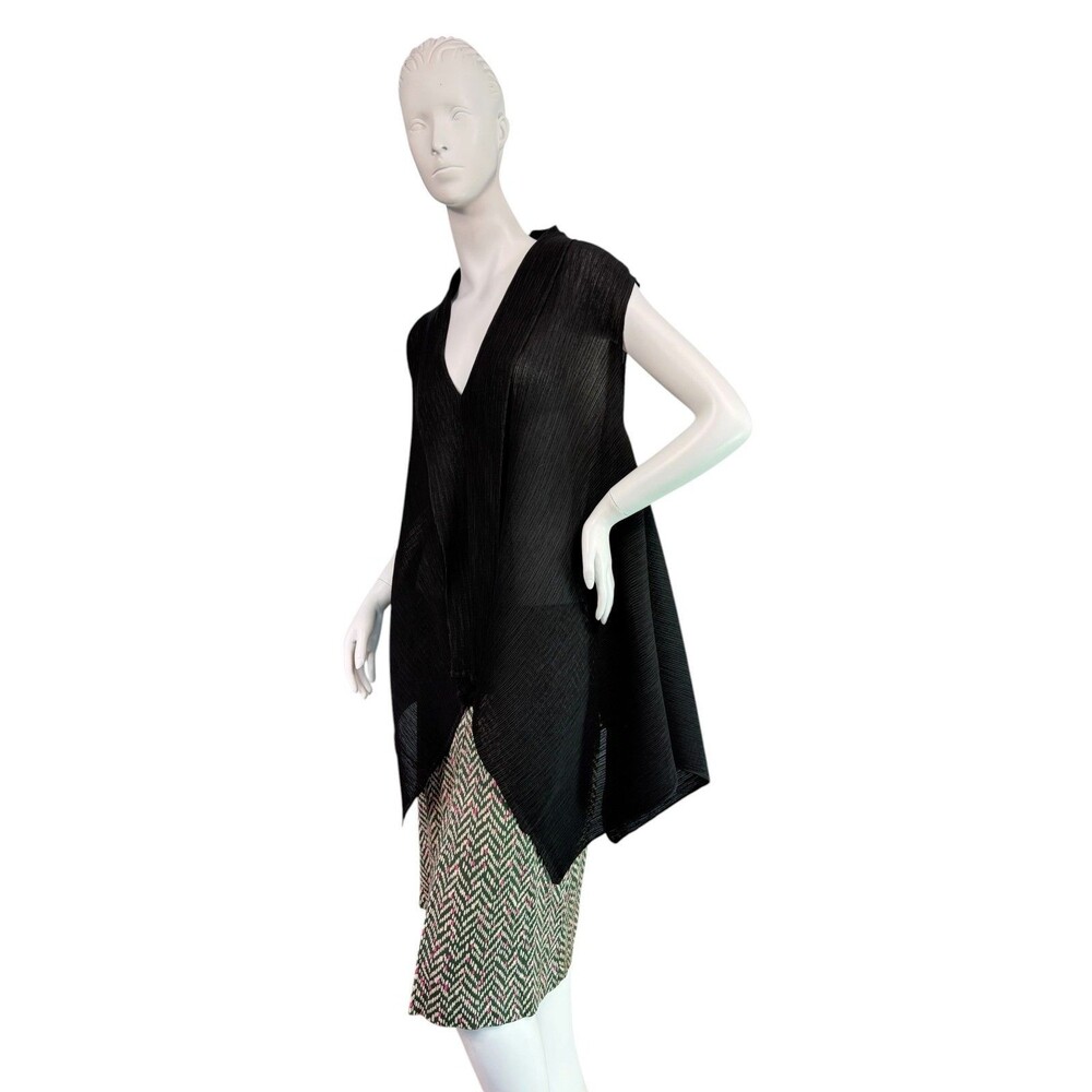 Vanite Couture Black Pleated Plisse Asymmetrical Tunic Top V-Neck $178 One Size